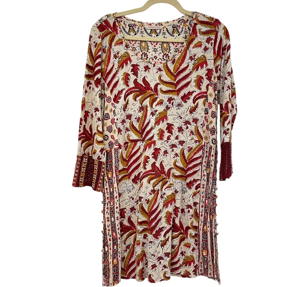 Soft Surroundings Orange & Red Boho Floral Embroidered Tunic Top Blouse Womens M